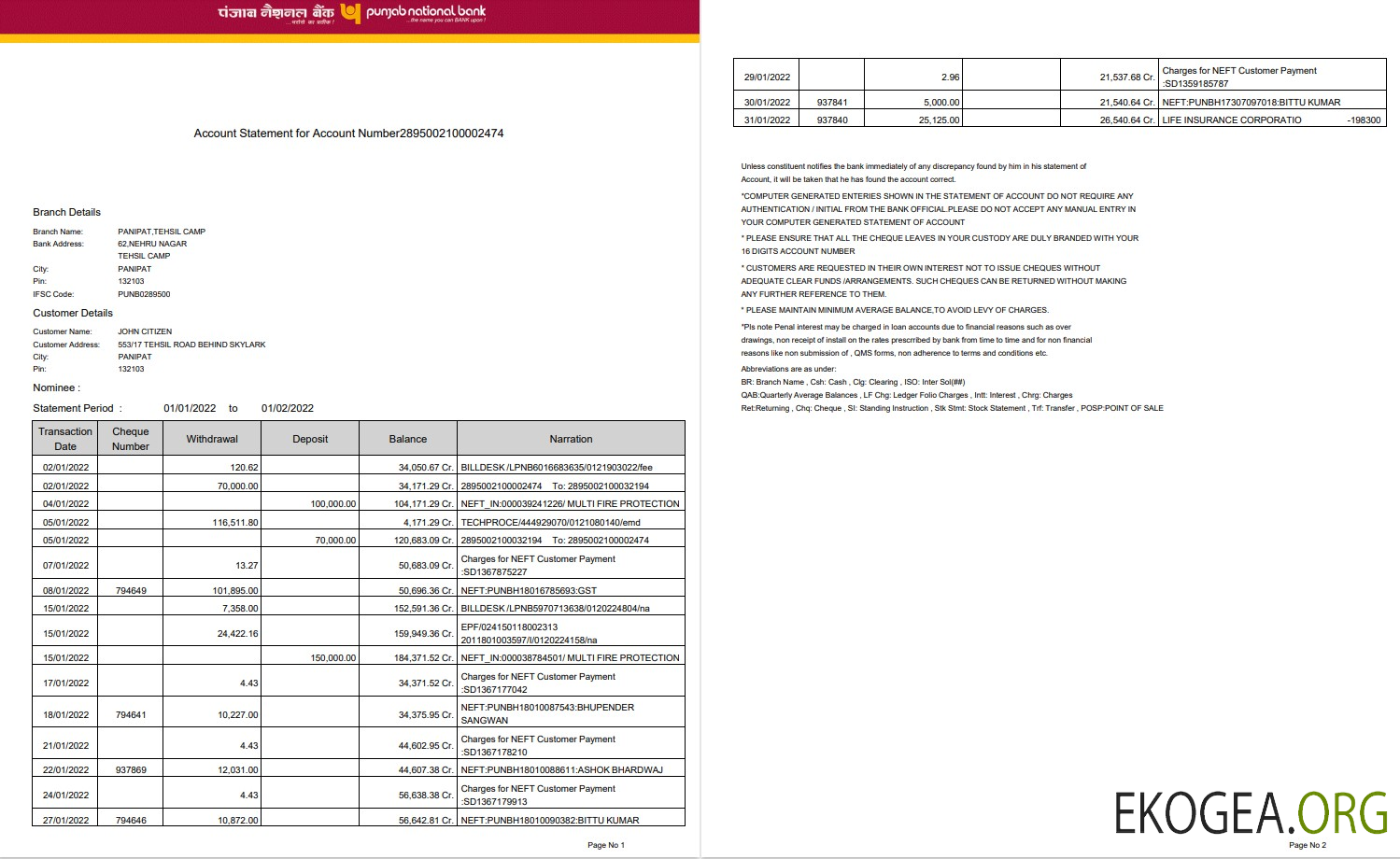 Modèle Word et PDF de relevé de la Banque nationale du Pendjab en Inde, 2 pages, version 2